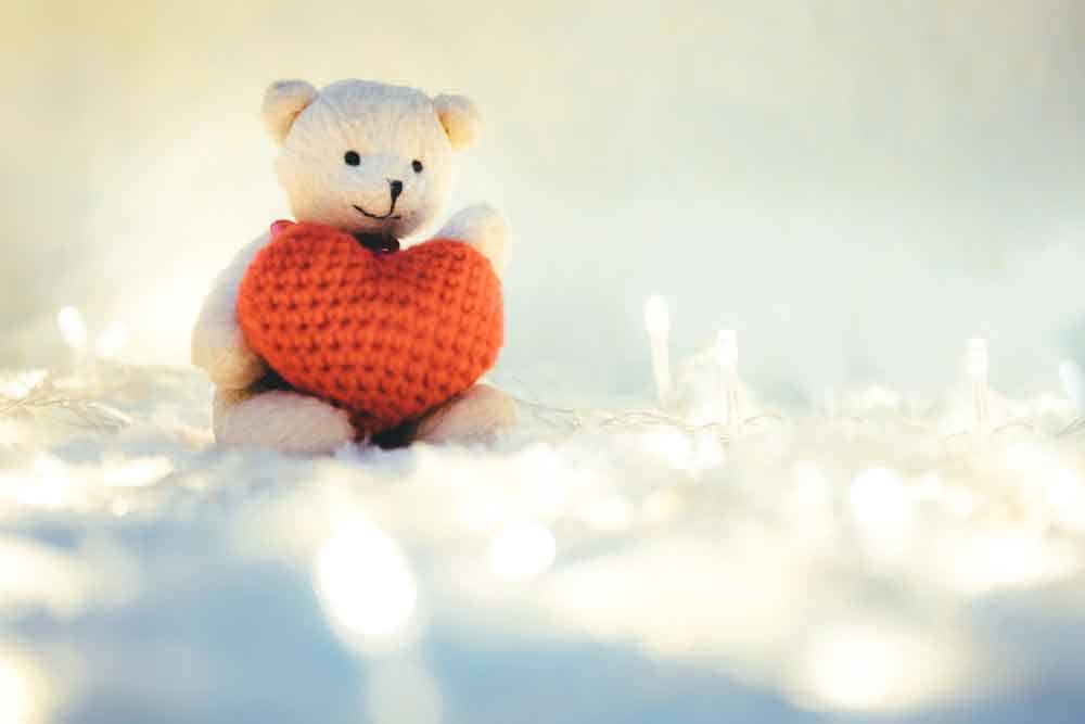 teddy bear holding heart on lap